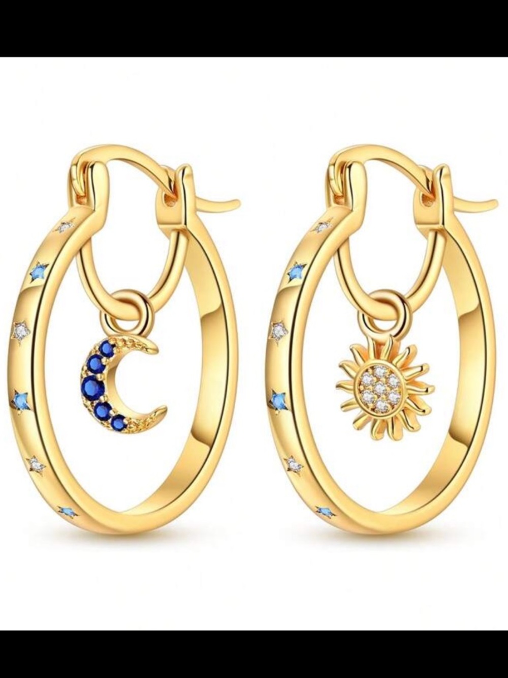 Gold Sun & Moon Hoop Earrings with Blue Accents